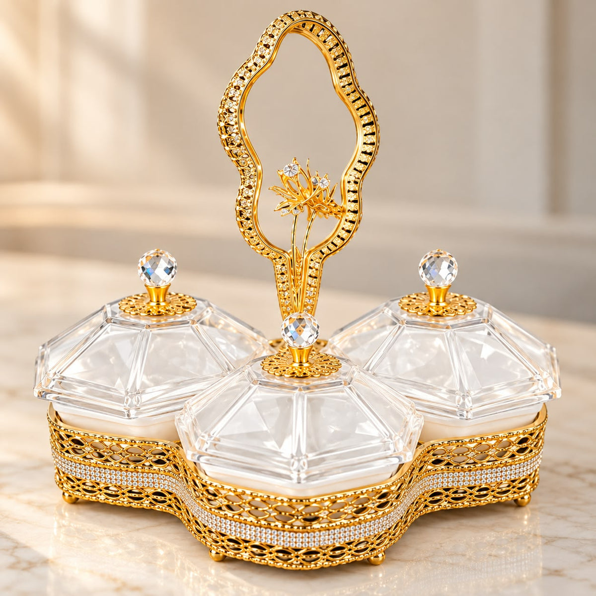 Elegant 3-Portion Gold & Crystal Serving Box